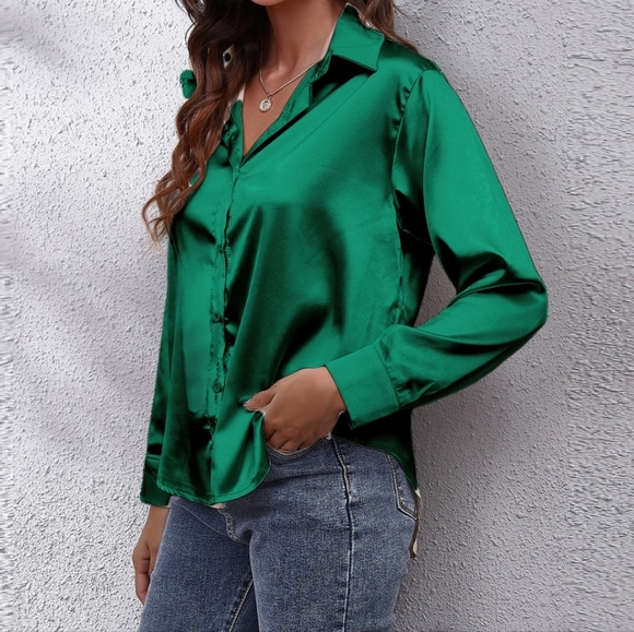 Green Collared Neck Buttoned Long Sleeve Shirt - Picture 3 of 5